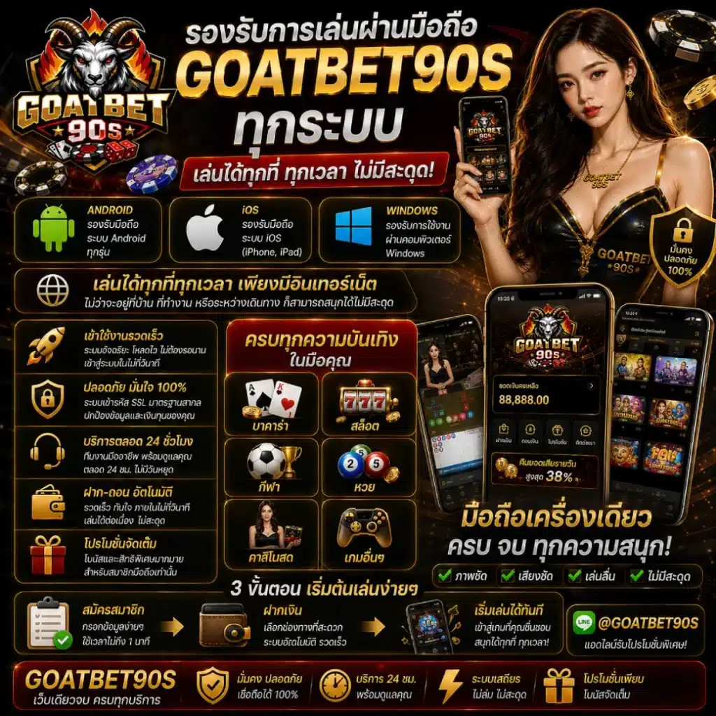 GOATBET90S รองรับการเล่นผ่านมือถือทุกระบบ เล่นได้ทุกที่ทุกเวลา